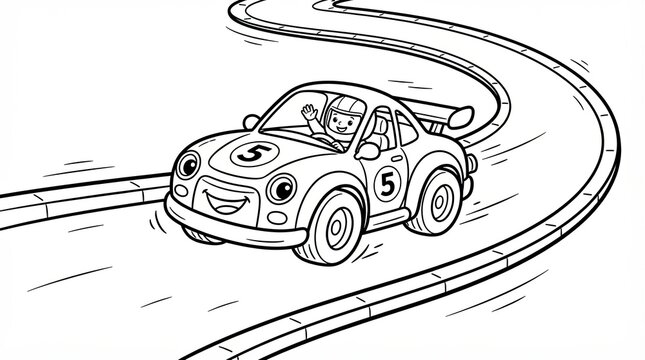 Cute cartoon race car with a happy face driving on a track for coloring book page