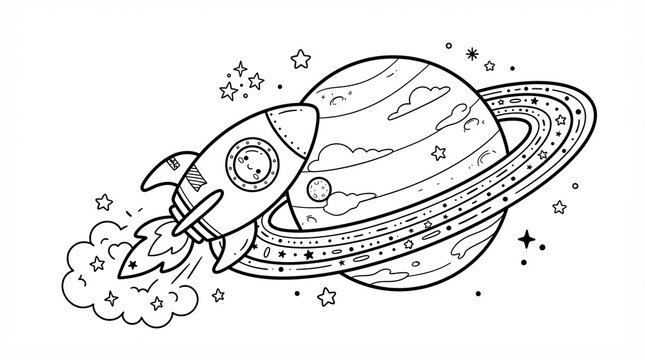 Black and white line art of a rocket ship flying past a planet with rings in space