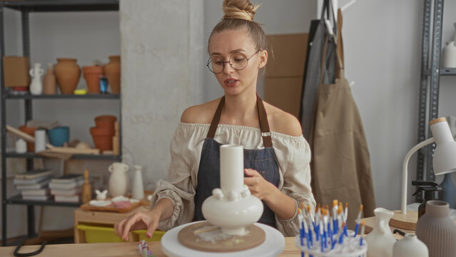 Woman wearing apron and glasses shaping a ceramic vase with hands on a spinning pottery wheel in a studio among pots and brushes; creative calm.