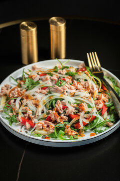 Fresh Tuna Salad with Onions and Cherry Tomatoes. Italian Mediterranean Cuisine