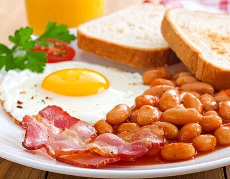 Deftiges englisches Fr&uuml;hst&uuml;ck mit Baked Beans, Spiegelei und kusprigem Speck auf dem Tisch f&uuml;r einen kraftvollen Start in den Tag