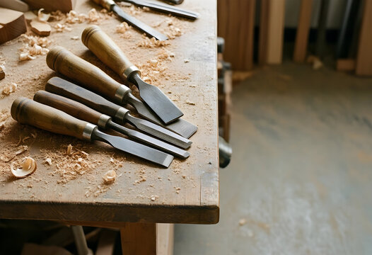 Craftsmanship and woodworking hobby, set of sharp steel chisels with wooden handles on a rustic workbench covered in wood shavings in a carpentry shop