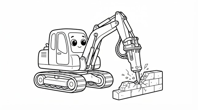 Cute cartoon excavator breaking a brick wall coloring page for kids to color at home