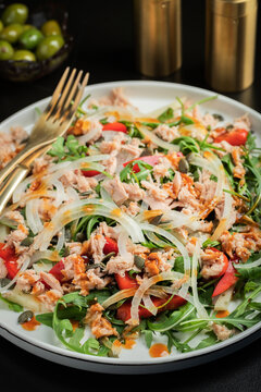 Fresh Tuna Salad with Onions and Cherry Tomatoes. Italian Mediterranean Cuisine