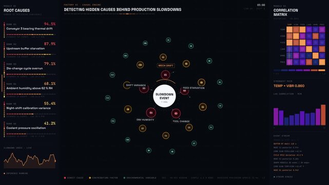 A detailed gearbox diagnostics dashboard showcasing frequency spectrum and failure indicators with vibrant neon waveforms and animated data visualizations in a dark industrial style.
