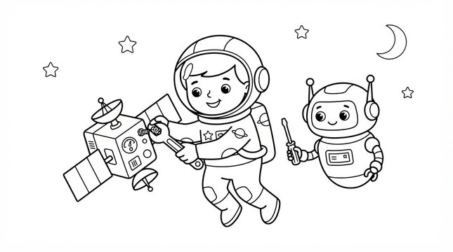 Cute cartoon astronaut child and robot fixing a satellite in outer space line art
