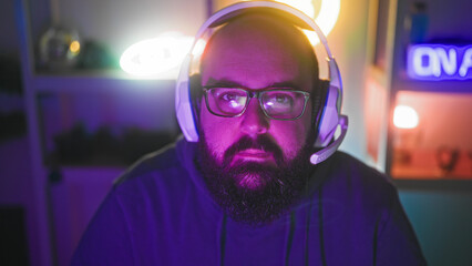 Man with headset and glasses sitting and looking at camera in studio with neon signs and purple lighting  concentration streaming. © Krakenimages.com