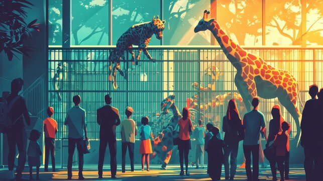 Indoor Zoo Exhibit with Life-Size Giraffe and Tiger Statues and Visitors Observing Animals in a Bright Enclosure with Glass Walls and Trees