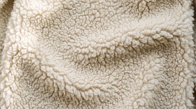 Macro texture of curly sherpa borg fleece fabric in natural ivory cream