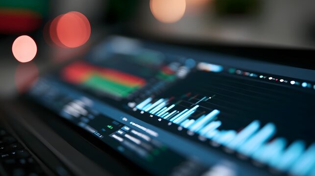 Close up of a digital screen displaying financial charts and data visualizations with blurred colorful bokeh lights in the background