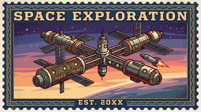 Perforated Edge Space Station Stamp Retro Blue Orange