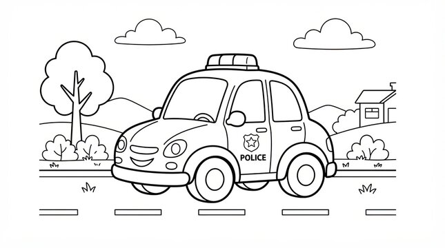 Cute police car driving on a road in the countryside coloring page