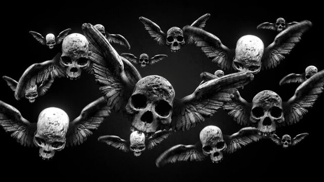 Animated winged skulls flying in puppet stop-motion style. Top-half skulls with outstretched wings in a looping flight motion, rendered with a handmade, tactile aesthetic.