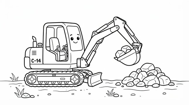 Cute cartoon excavator digging a pile of rocks for children coloring