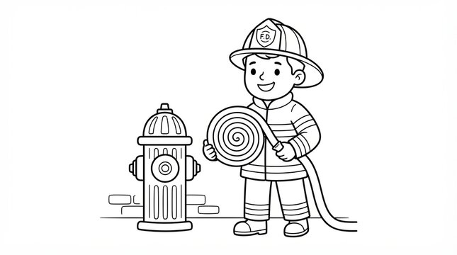Cute little firefighter holding a fire hose next to a fire hydrant