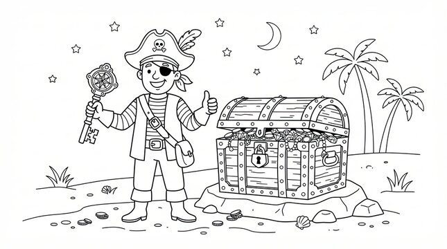 Happy pirate character holding a key next to a treasure chest on a sandy beach island