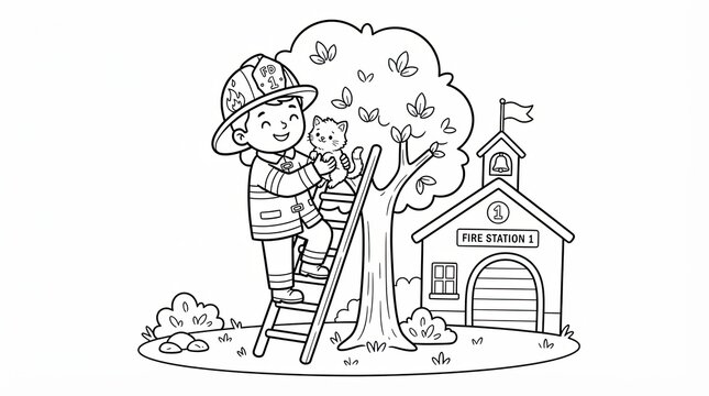 Little firefighter saving a cute kitten from a tree for coloring page