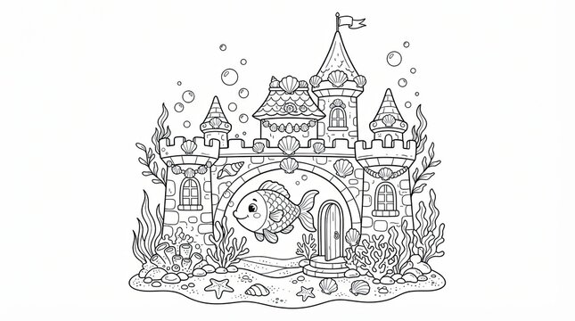 Cute fish swimming in an underwater sea castle coloring page for kids