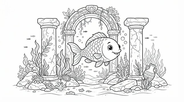 Cute fish swimming through underwater ruins for a coloring book page