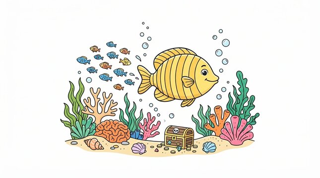 Cute yellow fish swimming near a treasure chest in a colorful underwater coral reef