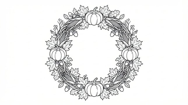 Decorative autumn wreath with pumpkins and leaves in line art style