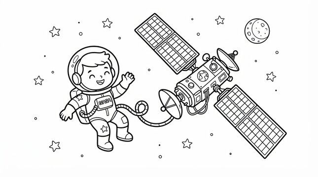 Cute cartoon astronaut floating in space with a satellite and stars coloring page
