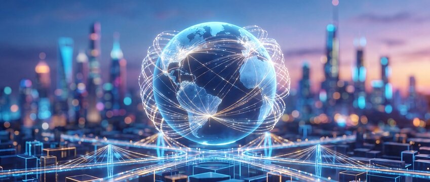A glowing digital globe floats above a modern smart city skyline at twilight with connectivity with trails modern architectural earth globe interconnected landscape with landscape