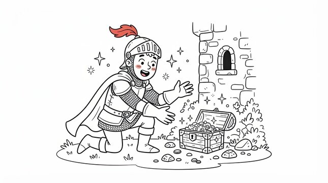 Little knight finding a treasure chest full of gold coins and jewels
