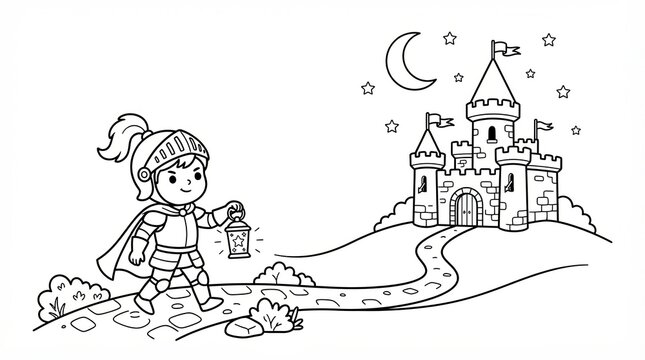 Little knight holding a lantern walking toward a castle at night time
