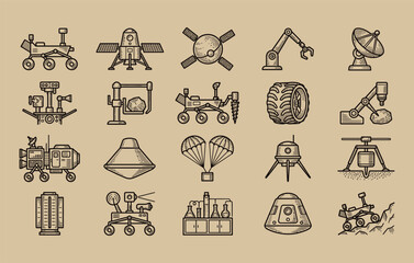 Aerospace technology and extraterrestrial landing equipment graphics showcasing spacecraft lander re entry capsule descent parachute and deep space radio antenna dish © ABAER
