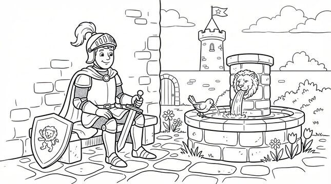 Knight sitting on a bench near a stone fountain in a castle courtyard