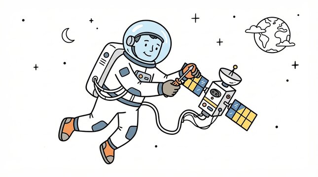 Astronaut repairing a satellite in outer space drawing
