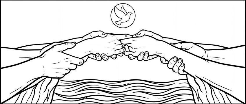 Black and white line drawing of multiple human hands clasping each other above wavy water with illustration several pairs another above stylized stylized waves flying symbol centered above support