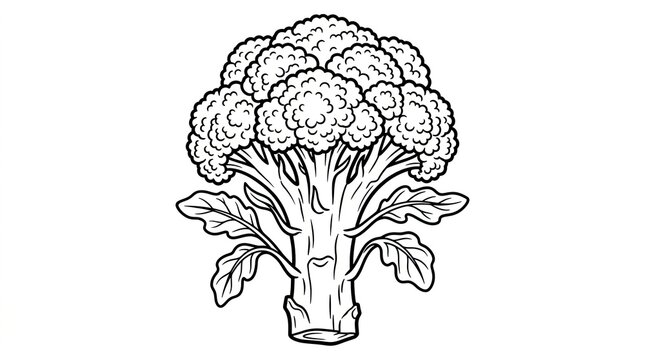 Black and white line art drawing of a fresh green broccoli vegetable