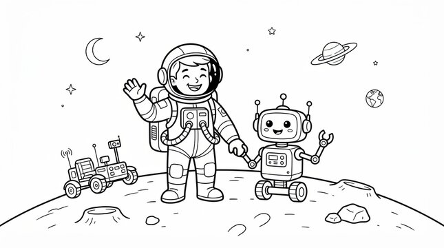 Happy astronaut and cute robot standing together on the moon surface