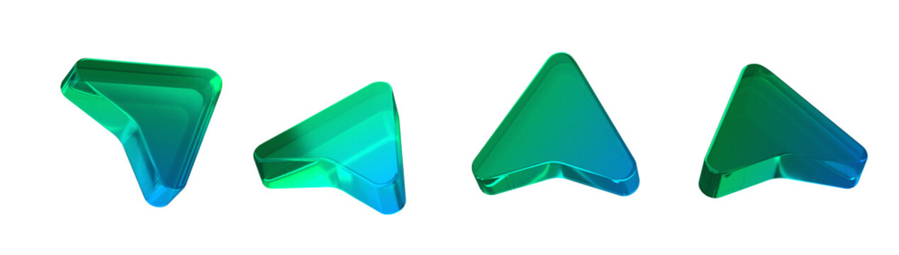 Blue green gradient 3D glass cursor arrow icons set, glossy mouse pointer navigation symbols from different angles on transparent background