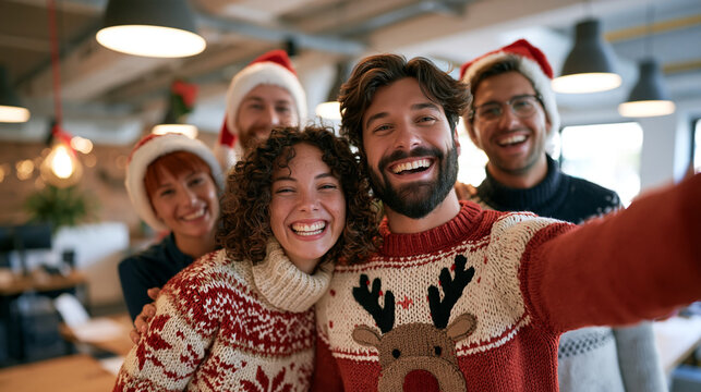 A Irish office worker proudly posing for a group selfie in a reindeer-patterned knitted jumper beside colleagues wearing their own outlandish festive knitwear at an ugly sweater