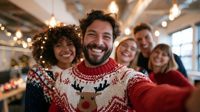 A Irish office worker proudly posing for a group selfie in a reindeer-patterned knitted jumper beside colleagues wearing their own outlandish festive knitwear at an ugly sweater