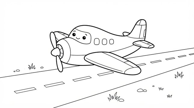 Cute cartoon airplane taxiing on a runway for kids coloring page