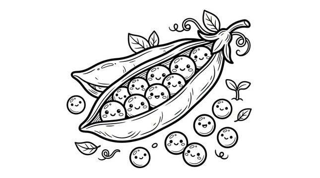 Cute cartoon pea pod with happy faces drawing for coloring book