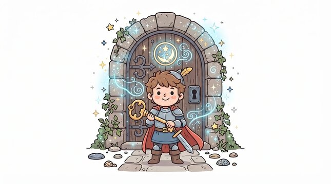 Cute cartoon knight holding a magic key in front of a stone castle door