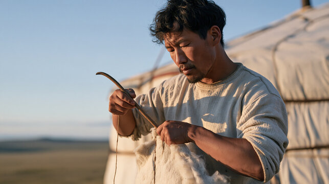 Mongolian herder stitching torn felt panel on traditional ger dwelling exterior using thick curved needle, nomadic home repair, steppe landscape background, self-sufficient