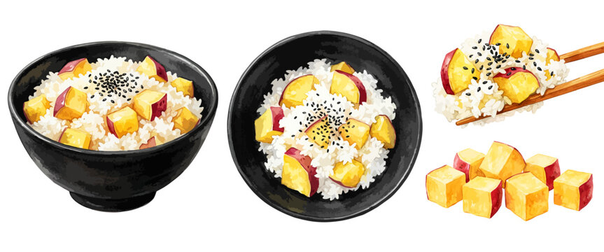 さつまいもご飯の手描きイラストセット,芋ご飯・サツマイモ・お茶碗・黒ごま・箸・真上・角切り芋・秋の味覚・炊き込みご飯・旬の食材・和食・水彩風・飲食パーツ,メニュー・販促素材,ベクター,透過PNG