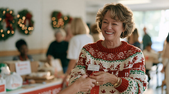 A middle aged woman at a holiday charity fundraiser event accepting a prize ribbon for most outrageous festive knitwear during ugly sweater day, community center decorated with