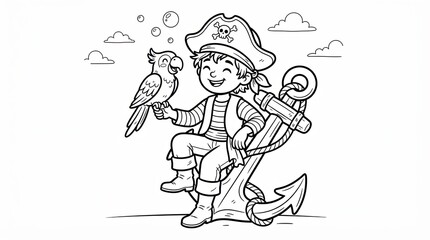 Fototapeta premium Happy little boy pirate with a parrot sitting on a ship anchor