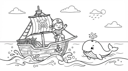 Fototapeta premium Little boy dressed as a pirate on a ship sailing with a cute whale in the sea