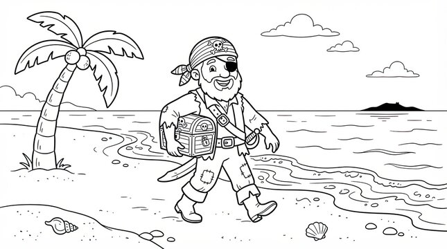 Happy pirate carrying a treasure chest on a tropical beach island