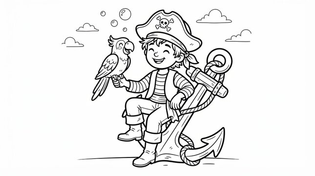 Happy little boy pirate with a parrot sitting on a ship anchor