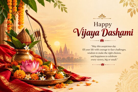 Festive happy vijaya dashami greeting with traditional kalash bow and arrow