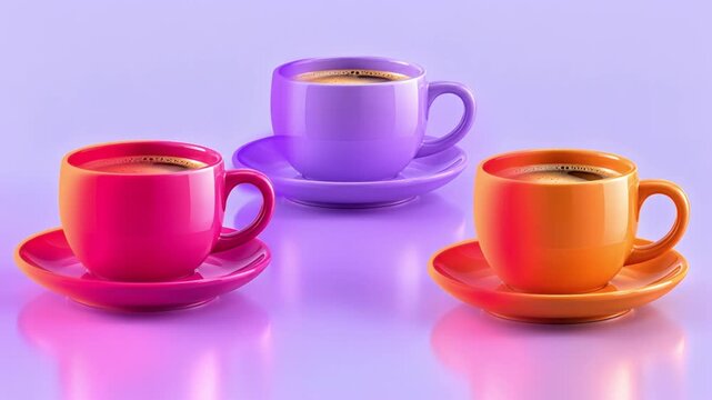 Three colorful coffee cups with saucers on purple background. Pink, violet and orange ceramic mugs filled with hot coffee drink.